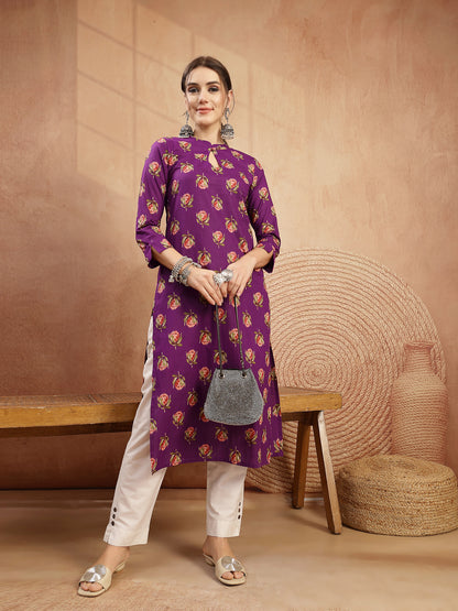 Rayon Calf Length Printed 3/4 Sleeve Key Hole Neck Straight Kurta