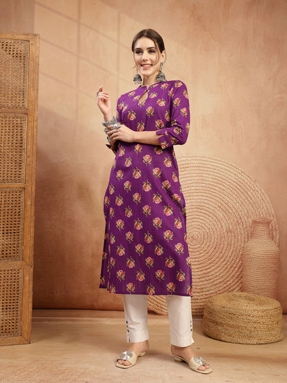 Rayon Calf Length Printed 3/4 Sleeve Key Hole Neck Straight Kurta