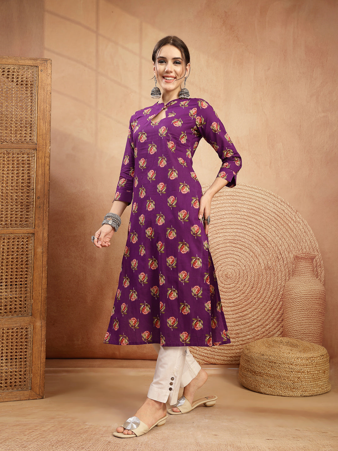 Rayon Calf Length Printed 3/4 Sleeve Key Hole Neck Straight Kurta