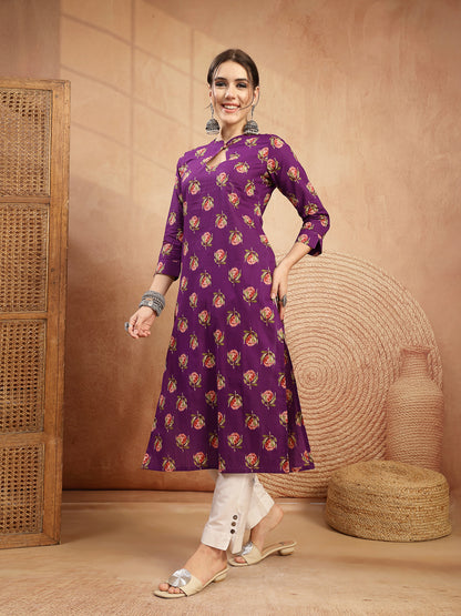 Rayon Calf Length Printed 3/4 Sleeve Key Hole Neck Straight Kurta