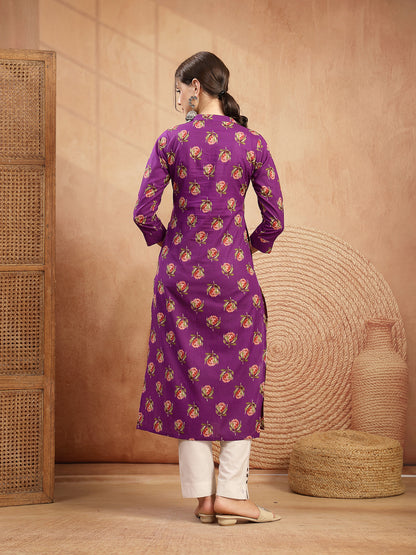 Rayon Calf Length Printed 3/4 Sleeve Key Hole Neck Straight Kurta