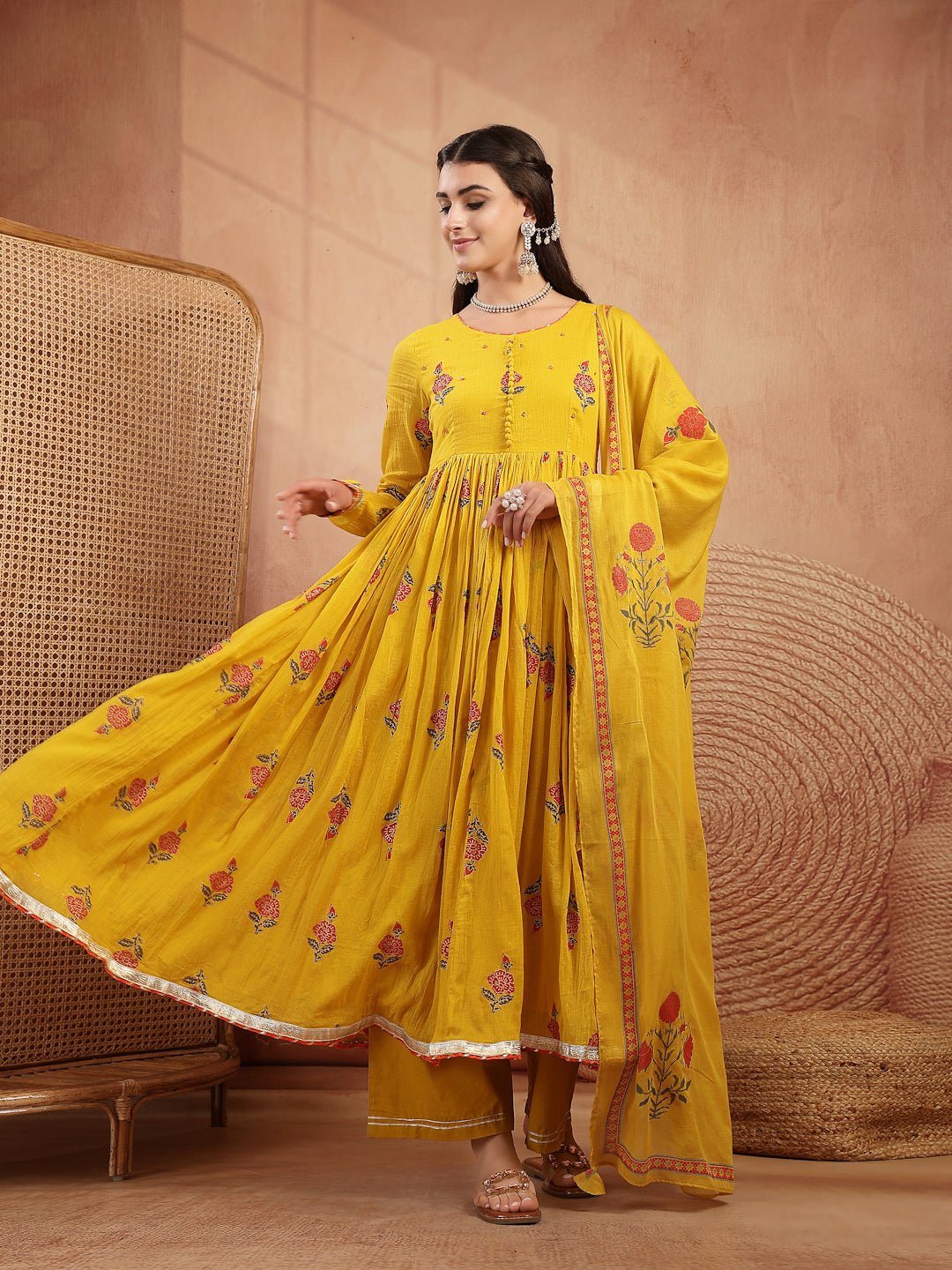 Malmal Calf Length Printed Full Sleeve Round Neck Anarkali Kurta Suit Set
