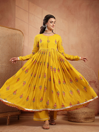 Malmal Calf Length Printed Full Sleeve Round Neck Anarkali Kurta Suit Set