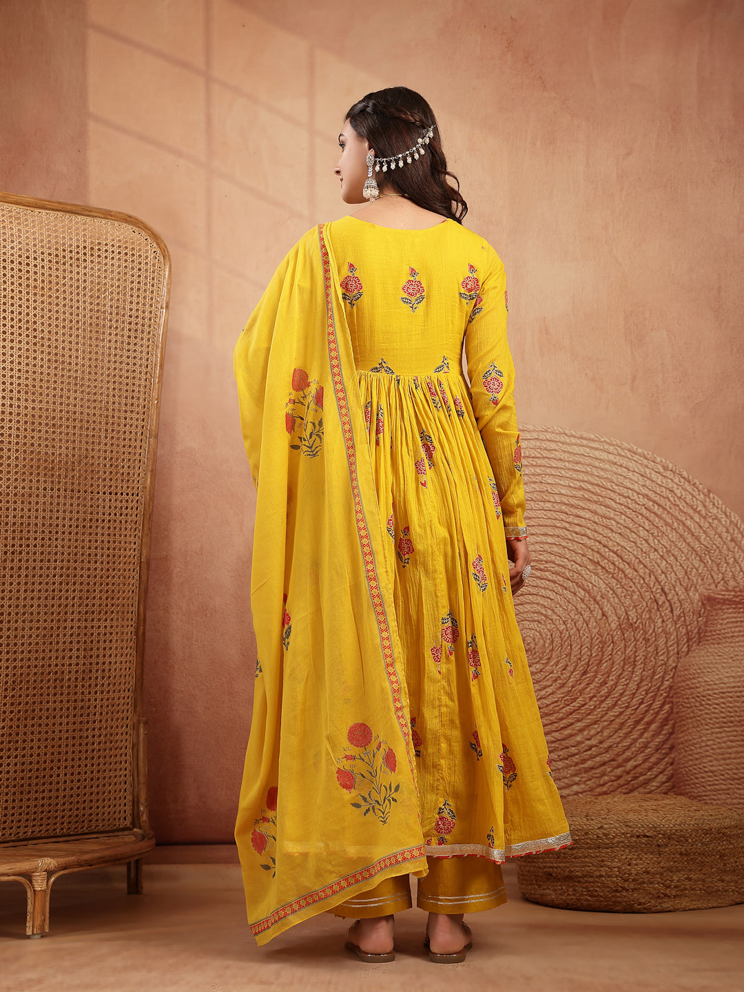 Malmal Calf Length Printed Full Sleeve Round Neck Anarkali Kurta Suit Set