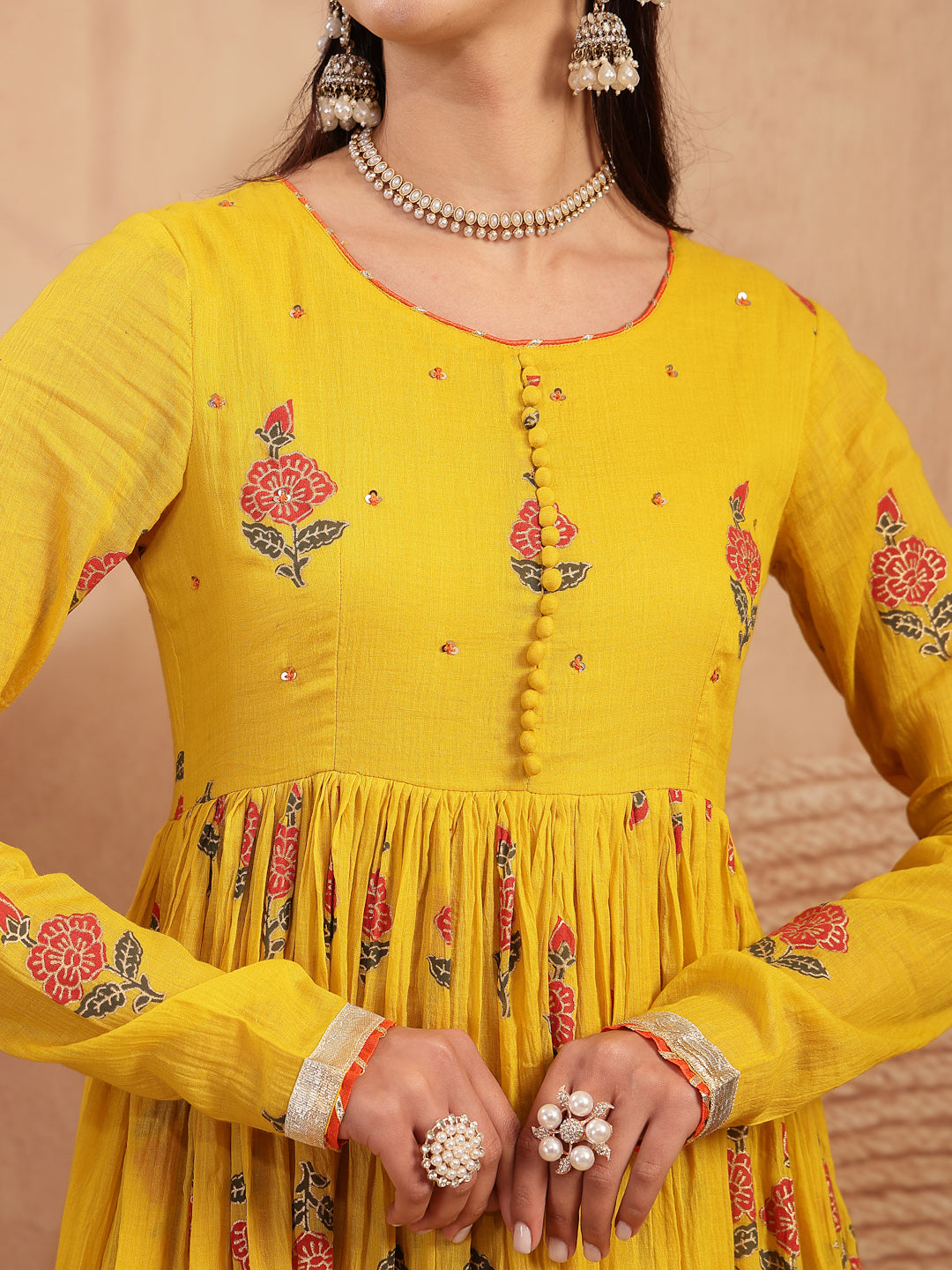 Malmal Calf Length Printed Full Sleeve Round Neck Anarkali Kurta Suit Set