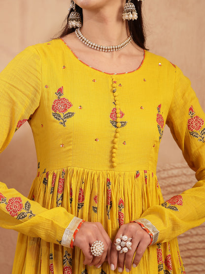 Malmal Calf Length Printed Full Sleeve Round Neck Anarkali Kurta Suit Set