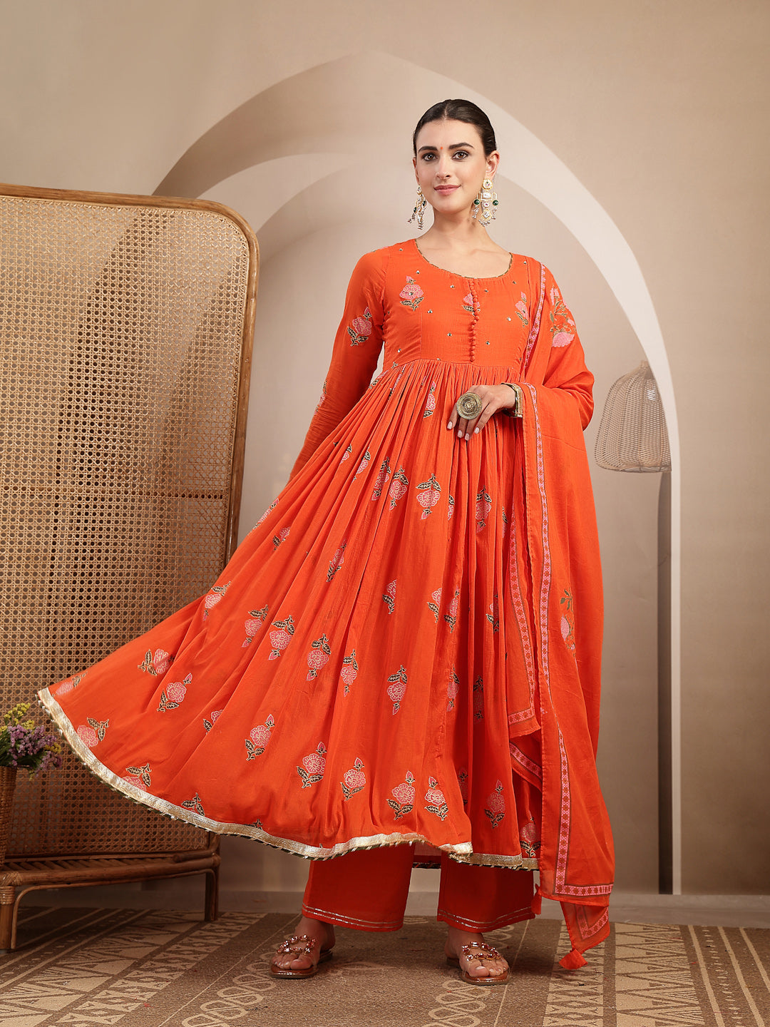 Malmal Calf Length Printed Full Sleeve Round Neck Anarkali Kurta Suit Set