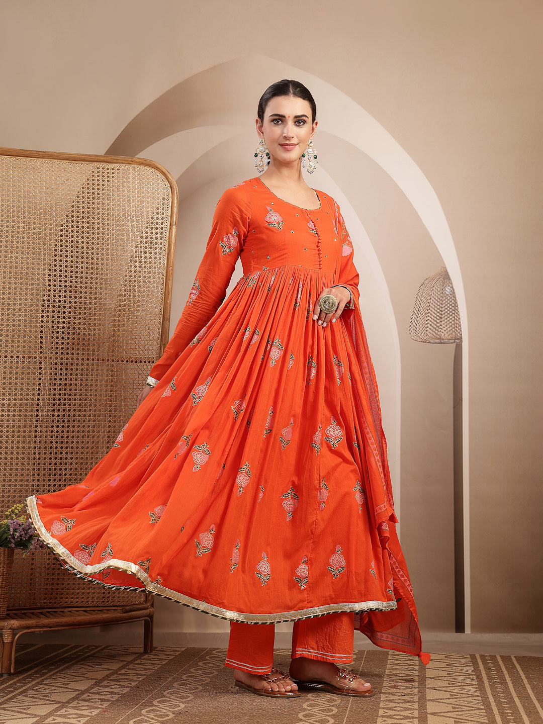 Malmal Calf Length Printed Full Sleeve Round Neck Anarkali Kurta Suit Set