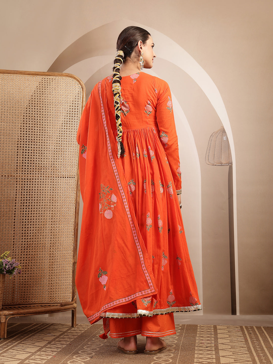 Malmal Calf Length Printed Full Sleeve Round Neck Anarkali Kurta Suit Set
