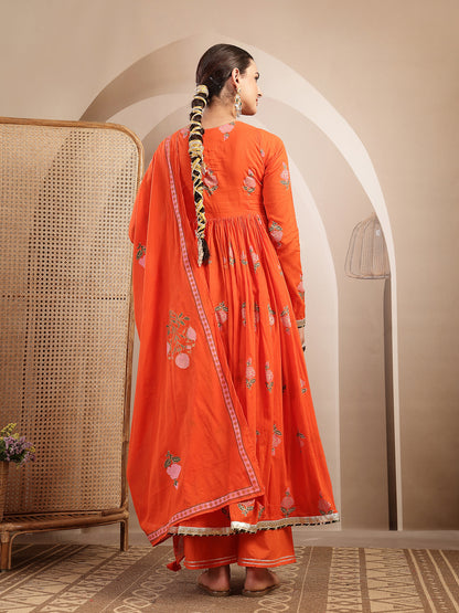Malmal Calf Length Printed Full Sleeve Round Neck Anarkali Kurta Suit Set