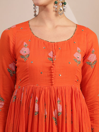 Malmal Calf Length Printed Full Sleeve Round Neck Anarkali Kurta Suit Set