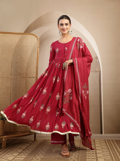 Malmal Calf Length Printed Full Sleeve Round Neck Anarkali Kurta Suit Set