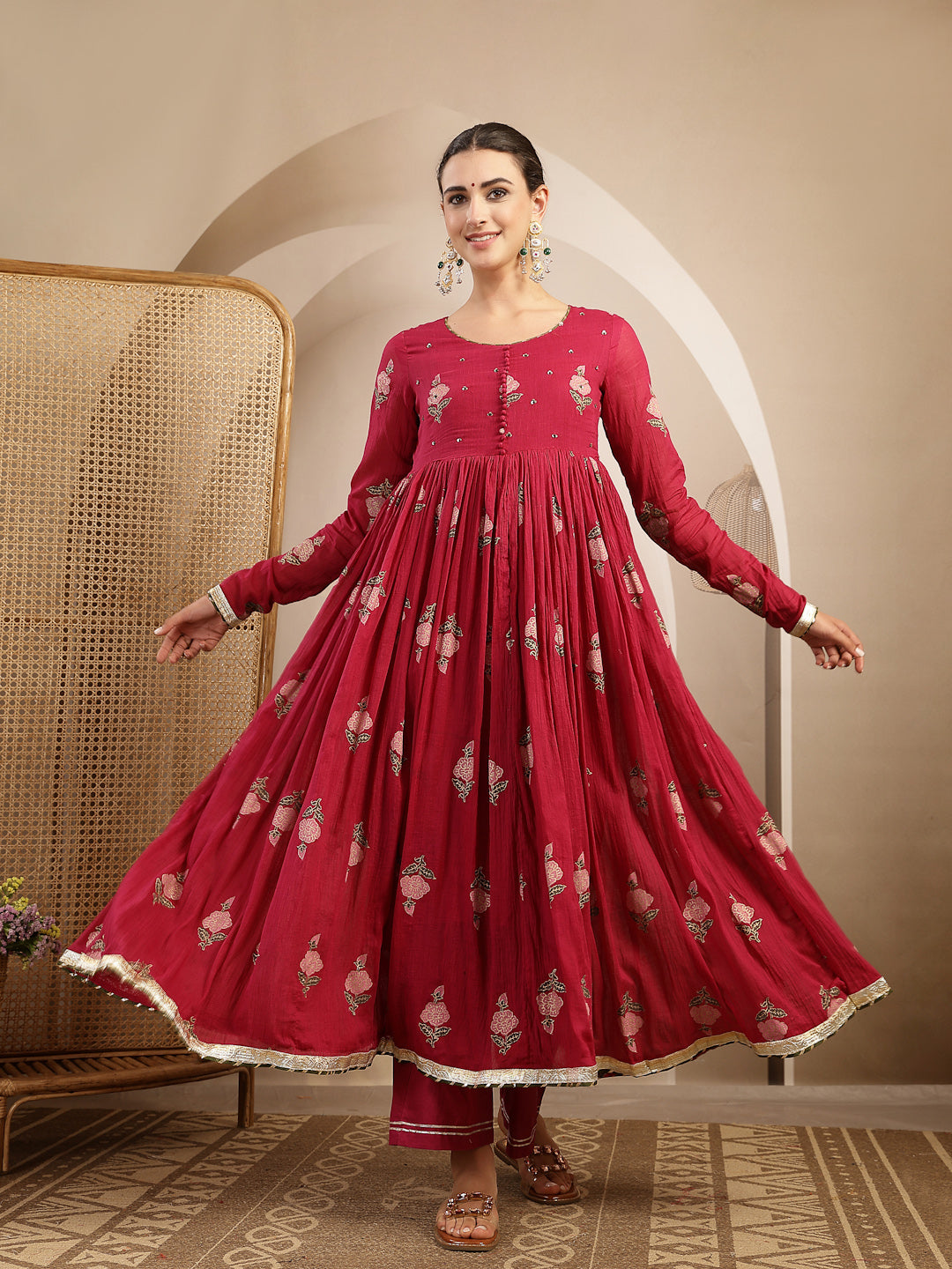 Malmal Calf Length Printed Full Sleeve Round Neck Anarkali Kurta Suit Set