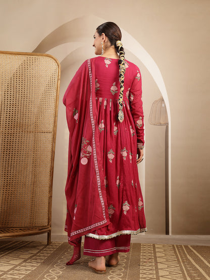 Malmal Calf Length Printed Full Sleeve Round Neck Anarkali Kurta Suit Set