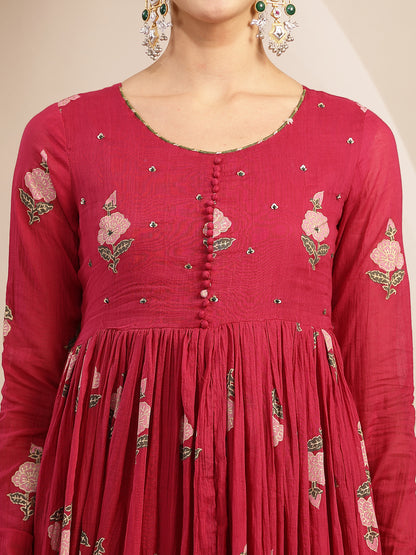 Malmal Calf Length Printed Full Sleeve Round Neck Anarkali Kurta Suit Set