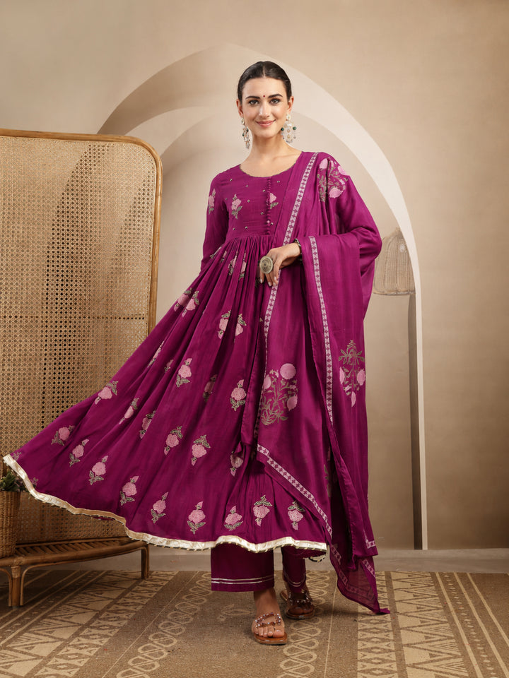 Malmal Calf Length Printed Full Sleeve Round Neck Anarkali Kurta Suit Set