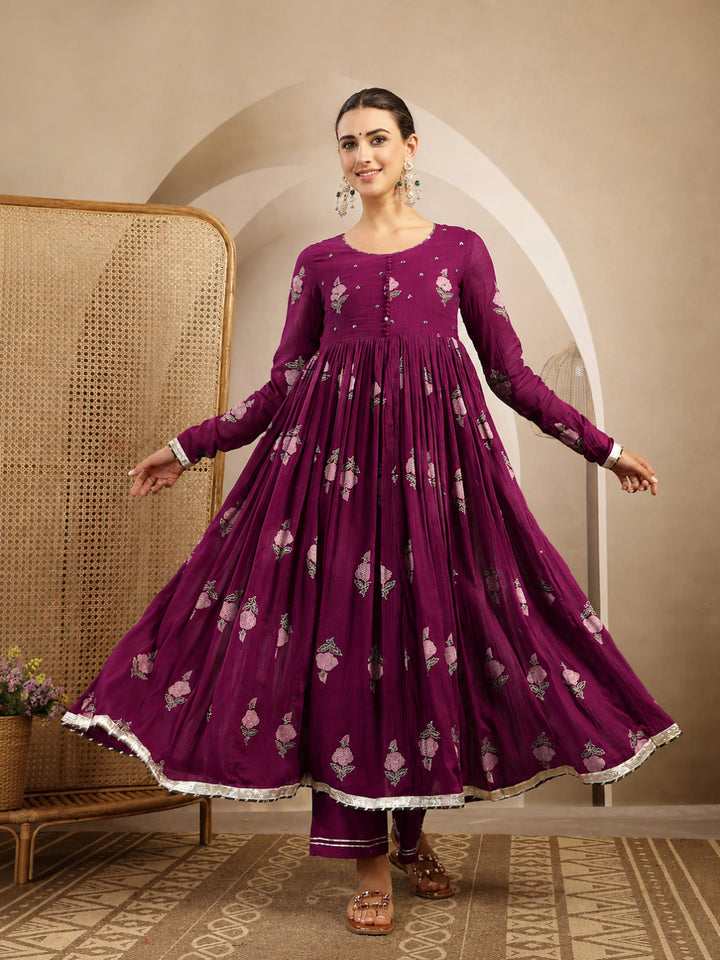 Malmal Calf Length Printed Full Sleeve Round Neck Anarkali Kurta Suit Set