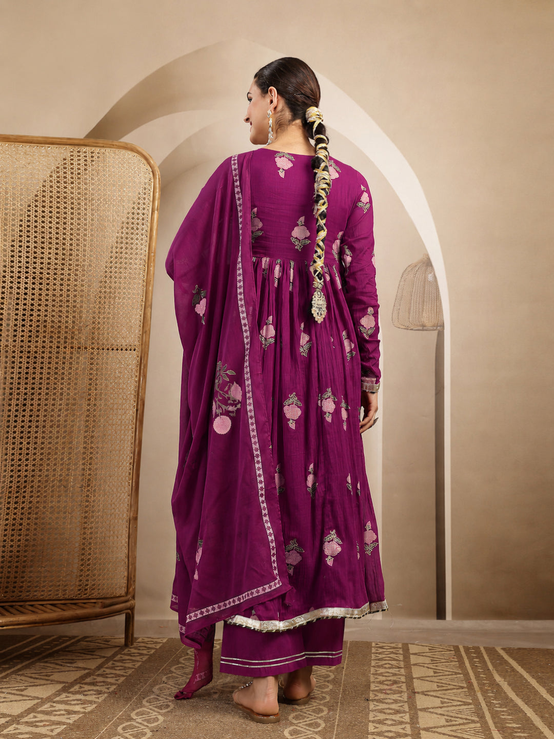 Malmal Calf Length Printed Full Sleeve Round Neck Anarkali Kurta Suit Set