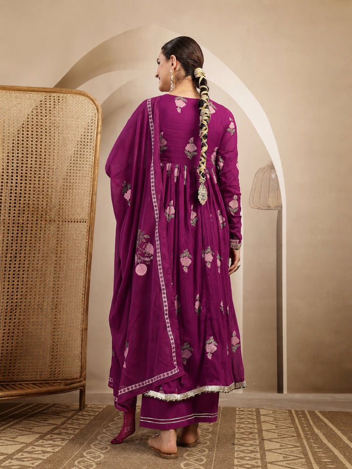 Malmal Calf Length Printed Full Sleeve Round Neck Anarkali Kurta Suit Set
