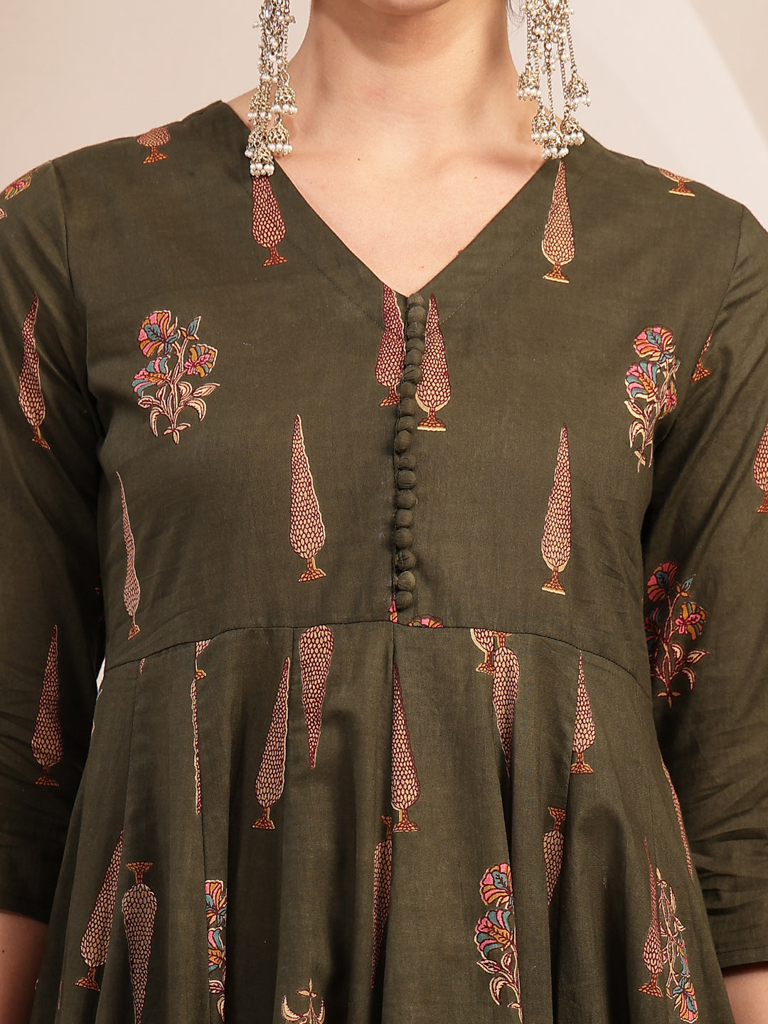 Cotton Calf Length Printed 3/4 Sleeve V-Neck Anarkali Kurta Suit Set