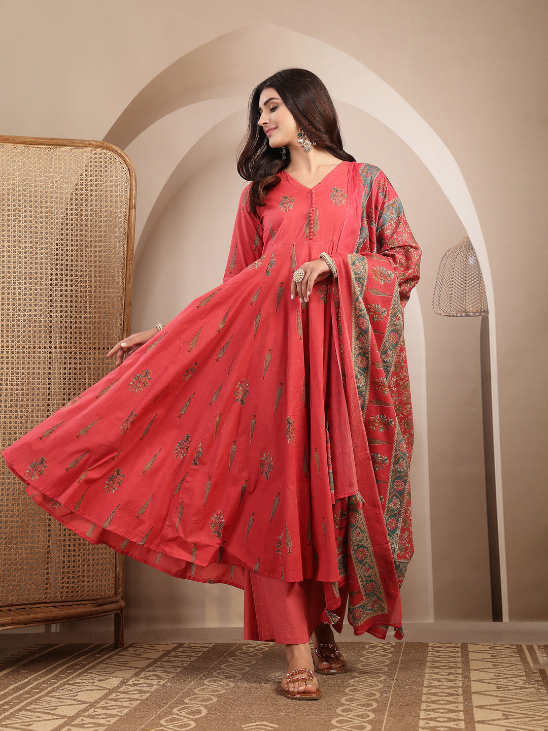 Cotton Calf Length Printed 3/4 Sleeve V-Neck Anarkali Kurta Suit Set