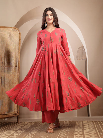 Cotton Calf Length Printed 3/4 Sleeve V-Neck Anarkali Kurta Suit Set
