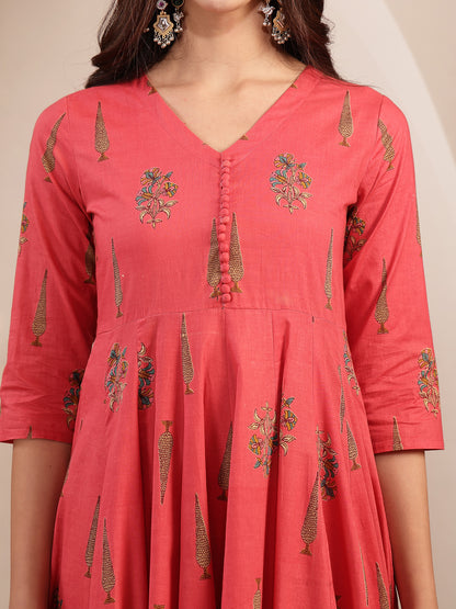 Cotton Calf Length Printed 3/4 Sleeve V-Neck Anarkali Kurta Suit Set