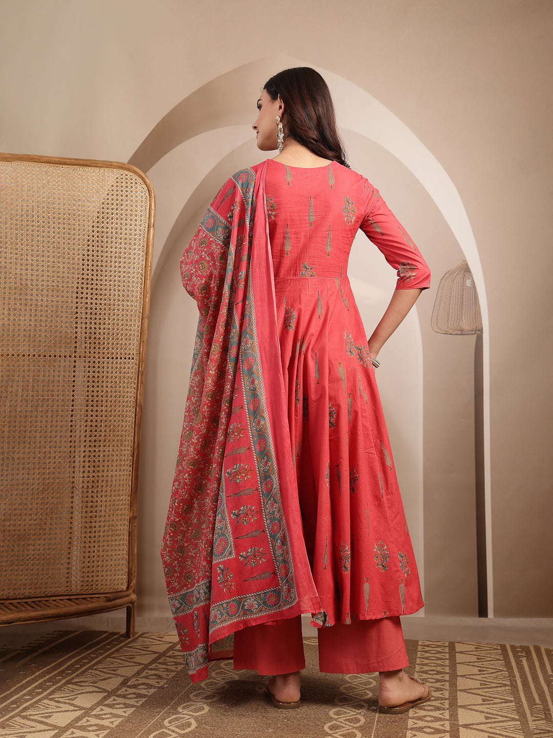 Cotton Calf Length Printed 3/4 Sleeve V-Neck Anarkali Kurta Suit Set