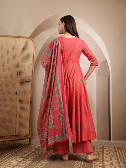 Cotton Calf Length Printed 3/4 Sleeve V-Neck Anarkali Kurta Suit Set