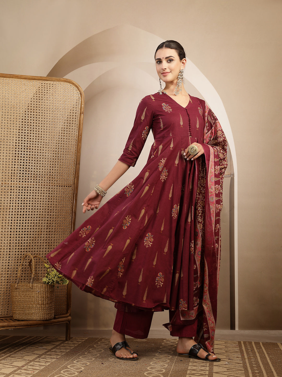 Cotton Calf Length Printed 3/4 Sleeve V-Neck Anarkali Kurta Suit Set