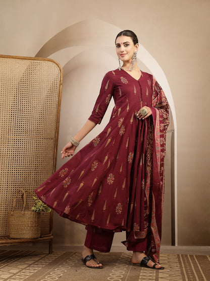 Cotton Calf Length Printed 3/4 Sleeve V-Neck Anarkali Kurta Suit Set