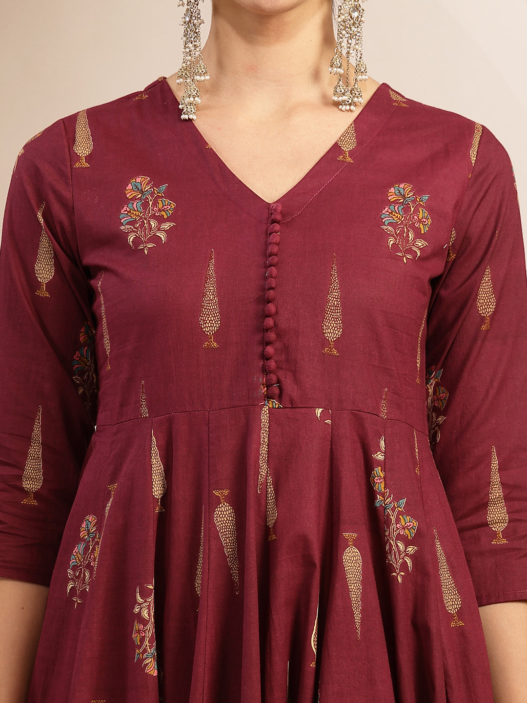 Cotton Calf Length Printed 3/4 Sleeve V-Neck Anarkali Kurta Suit Set
