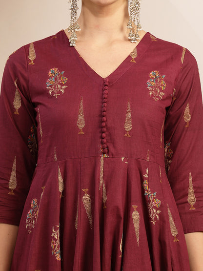Cotton Calf Length Printed 3/4 Sleeve V-Neck Anarkali Kurta Suit Set