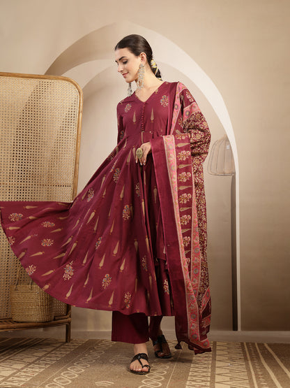Cotton Calf Length Printed 3/4 Sleeve V-Neck Anarkali Kurta Suit Set