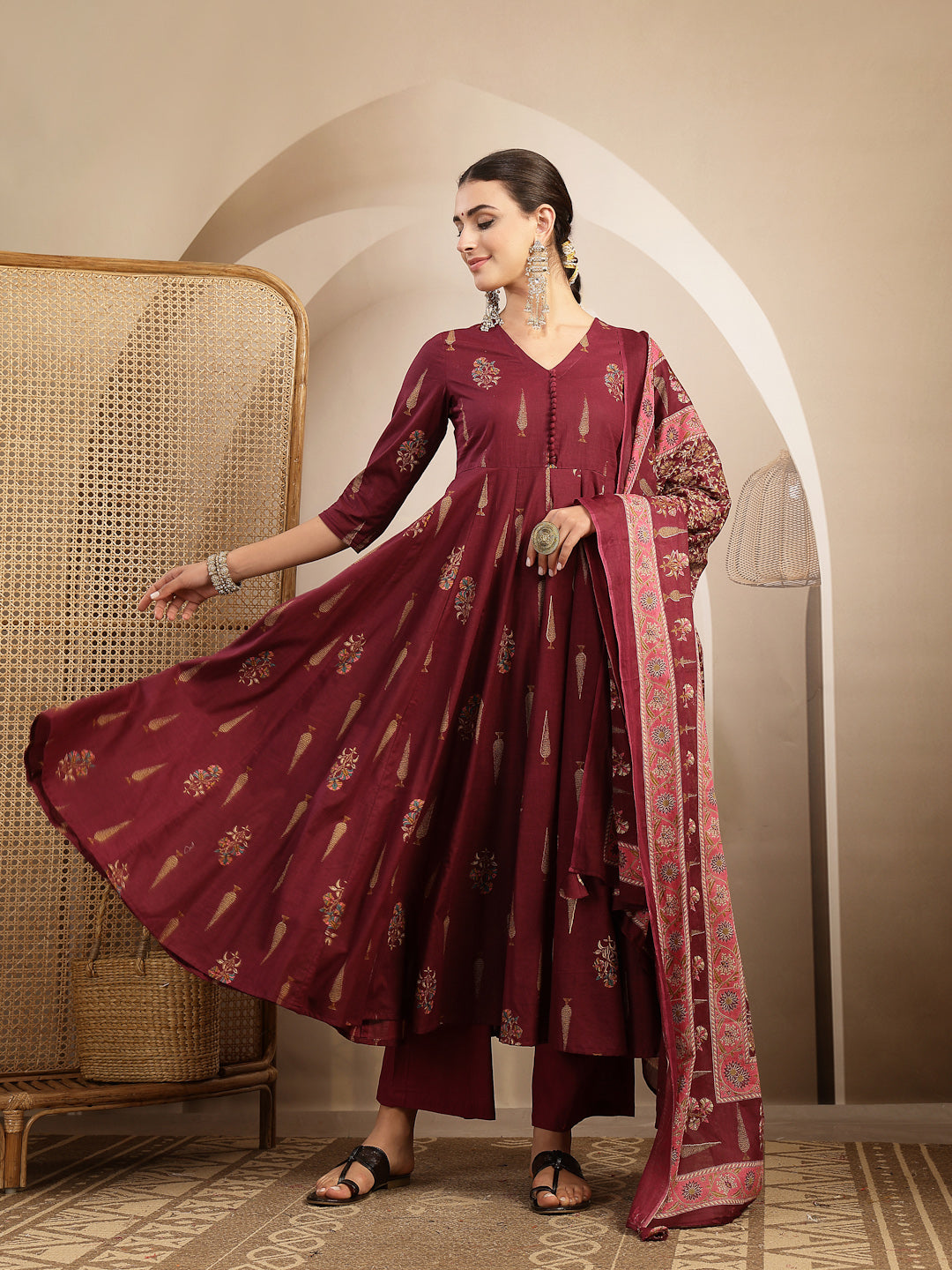 Cotton Calf Length Printed 3/4 Sleeve V-Neck Anarkali Kurta Suit Set