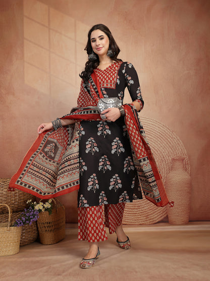 Cotton Calf Length Printed 3/4 Sleeves V Neck Straight Kurta Suit Set