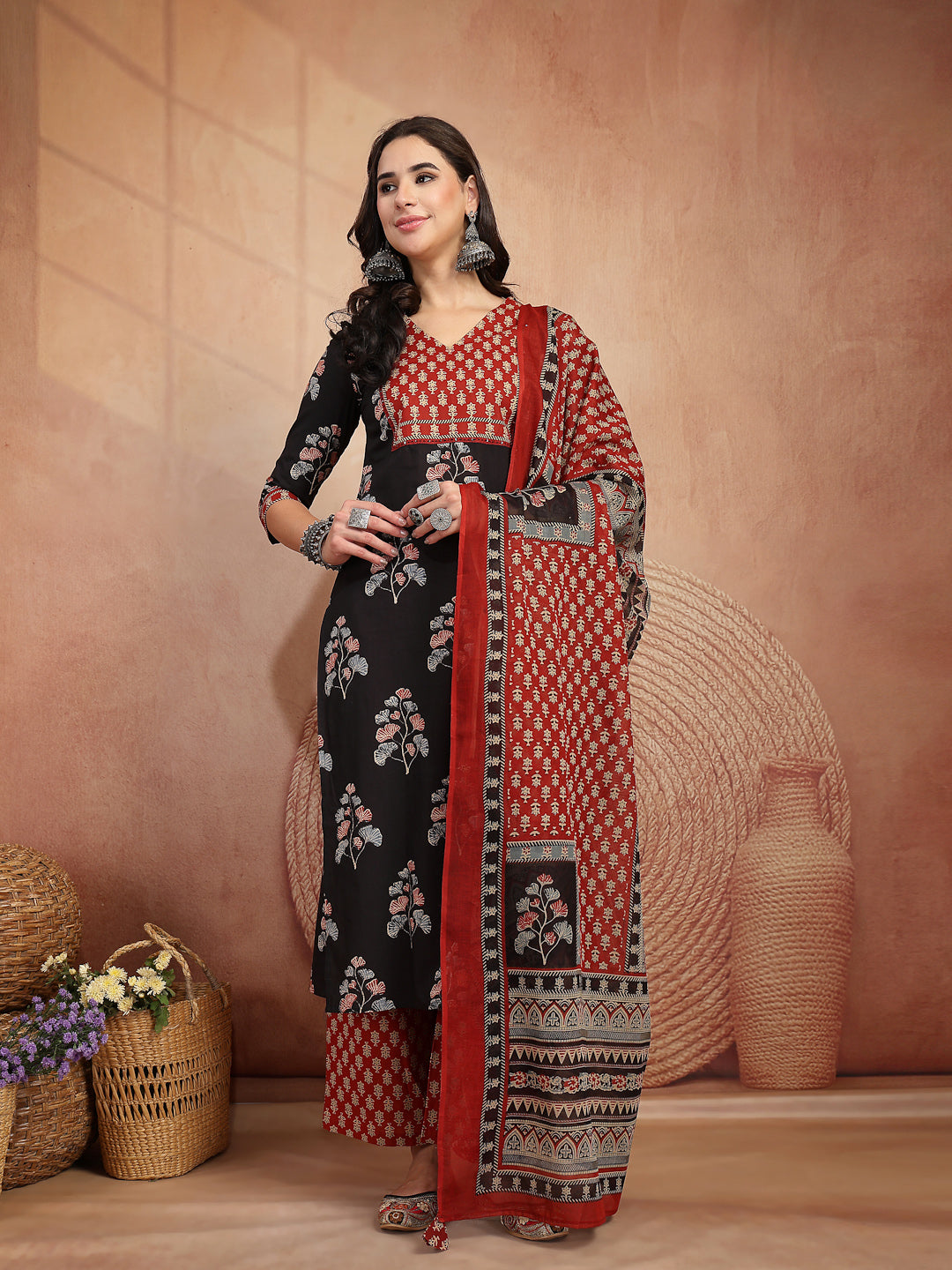 Cotton Calf Length Printed 3/4 Sleeves V Neck Straight Kurta Suit Set