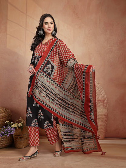 Cotton Calf Length Printed 3/4 Sleeves V Neck Straight Kurta Suit Set