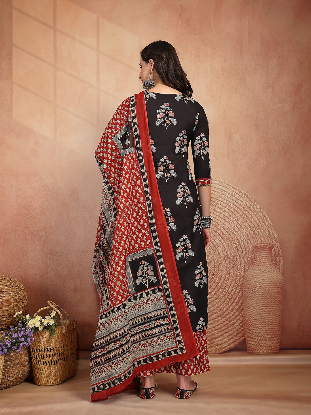 Cotton Calf Length Printed 3/4 Sleeves V Neck Straight Kurta Suit Set