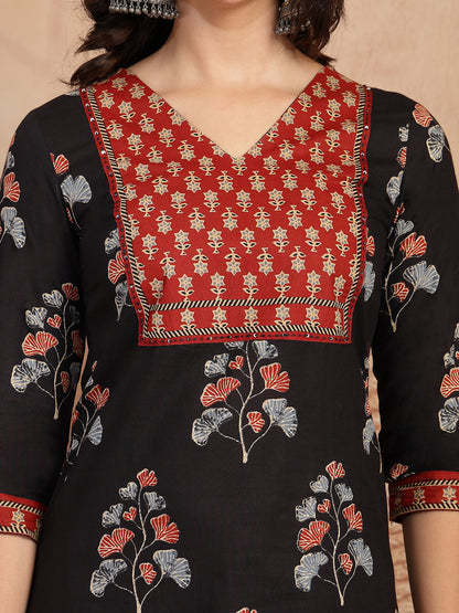 Cotton Calf Length Printed 3/4 Sleeves V Neck Straight Kurta Suit Set