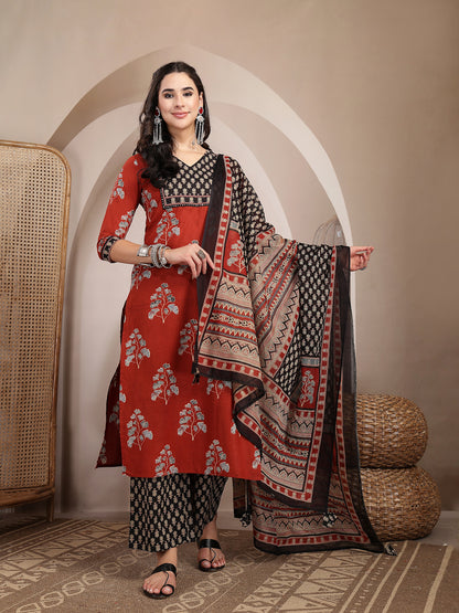 Cotton Calf Length Printed 3/4 Sleeves V Neck Straight Kurta Suit Set