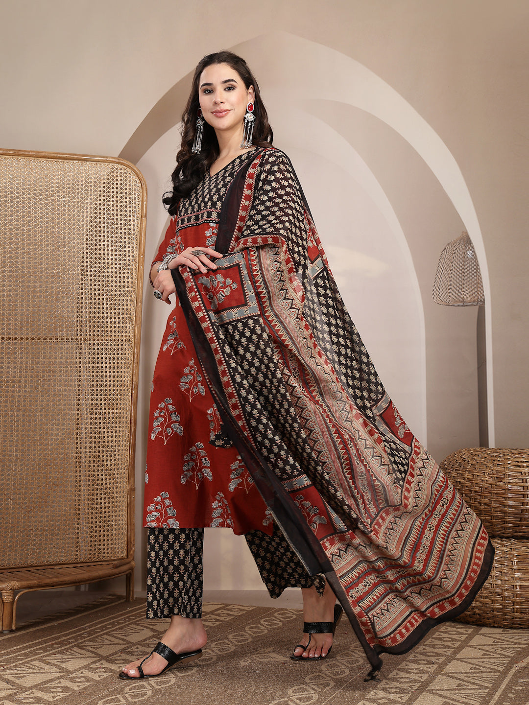 Cotton Calf Length Printed 3/4 Sleeves V Neck Straight Kurta Suit Set