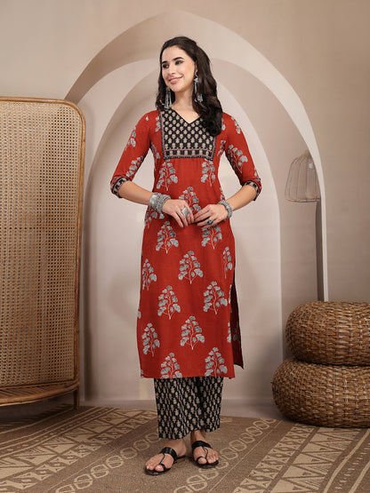 Cotton Calf Length Printed 3/4 Sleeves V Neck Straight Kurta Suit Set