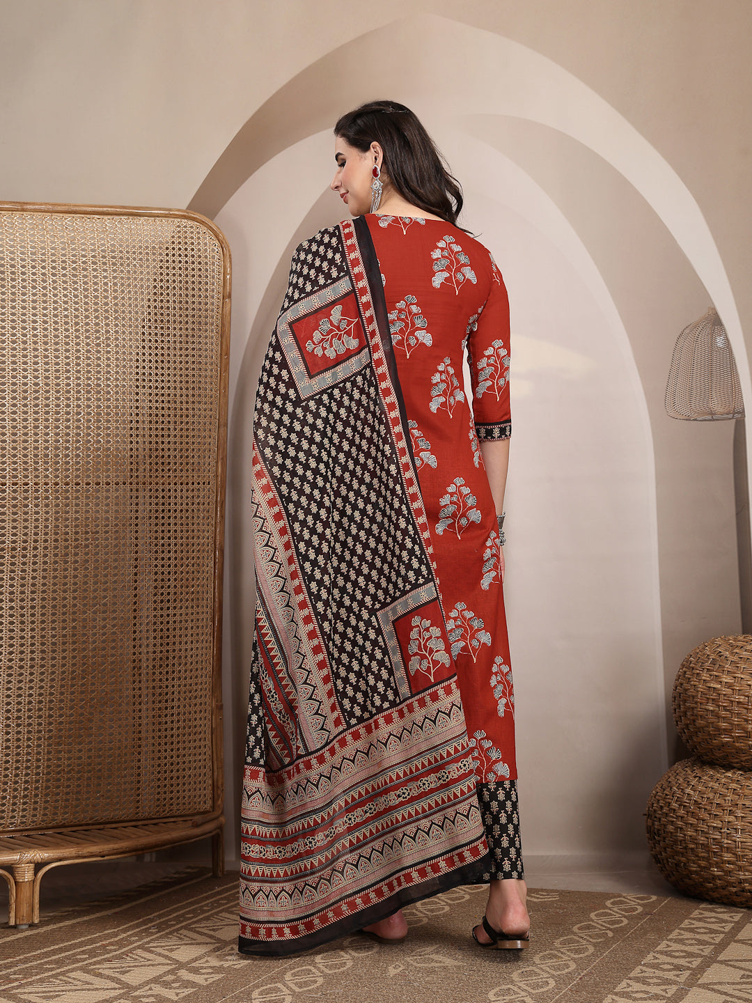 Cotton Calf Length Printed 3/4 Sleeves V Neck Straight Kurta Suit Set