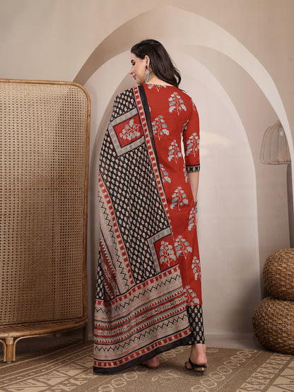 Cotton Calf Length Printed 3/4 Sleeves V Neck Straight Kurta Suit Set