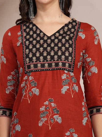 Cotton Calf Length Printed 3/4 Sleeves V Neck Straight Kurta Suit Set