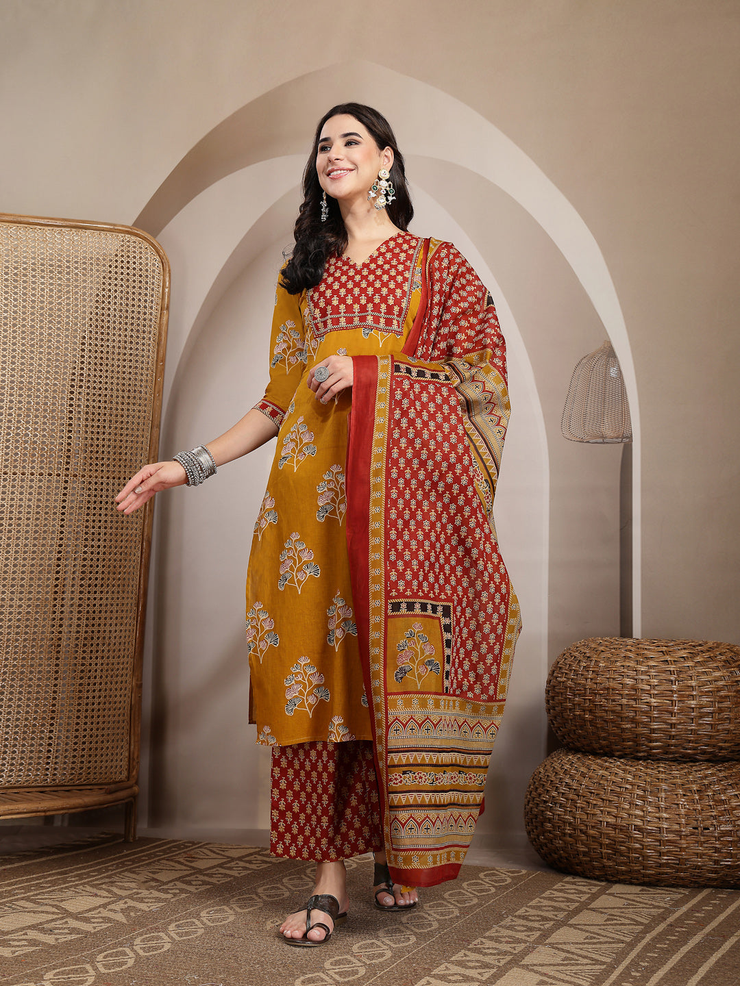 Cotton Calf Length Printed 3/4 Sleeves V Neck Straight Kurta Suit Set
