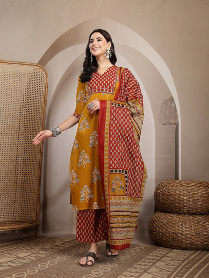 Cotton Calf Length Printed 3/4 Sleeves V Neck Straight Kurta Suit Set