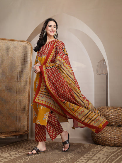 Cotton Calf Length Printed 3/4 Sleeves V Neck Straight Kurta Suit Set
