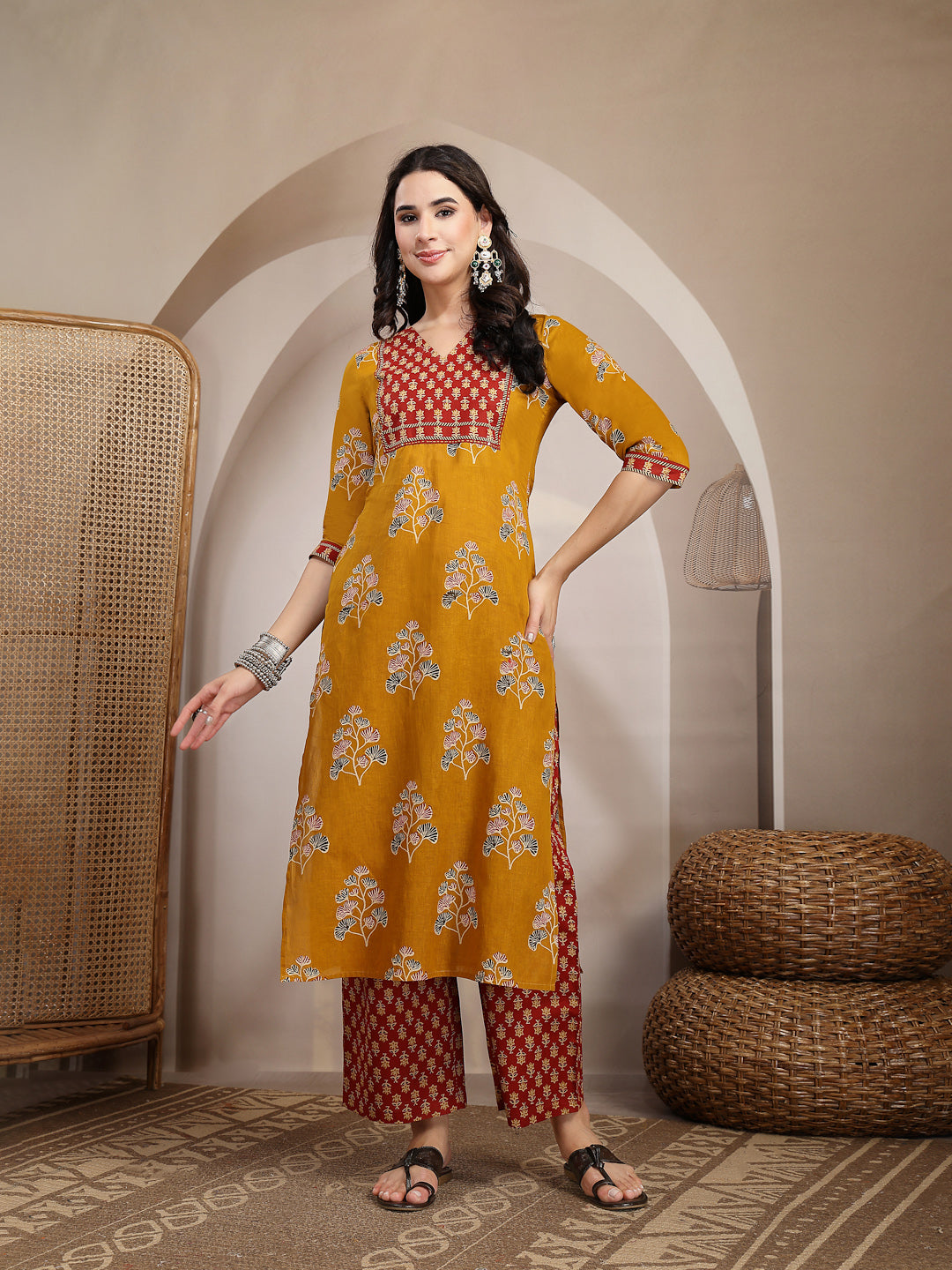 Cotton Calf Length Printed 3/4 Sleeves V Neck Straight Kurta Suit Set